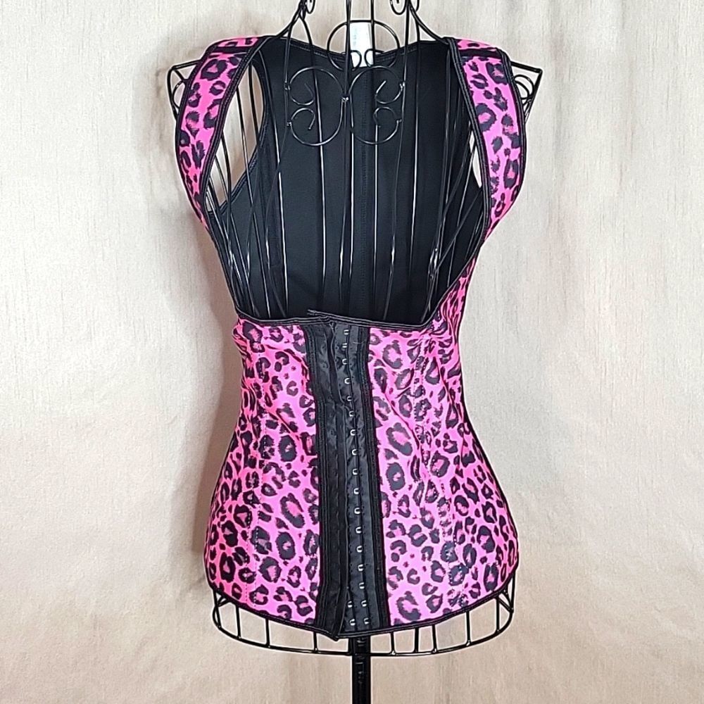 Pink Black Leopard Print Corset Top Size Small Hook Eye‎ Y2K Bustier